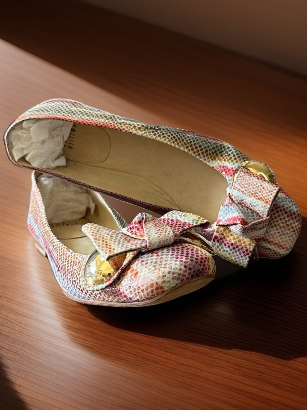 Stuart Weitzman Ballet Flats 7.5 M Multicolor Snake Print Leather Bow Spain